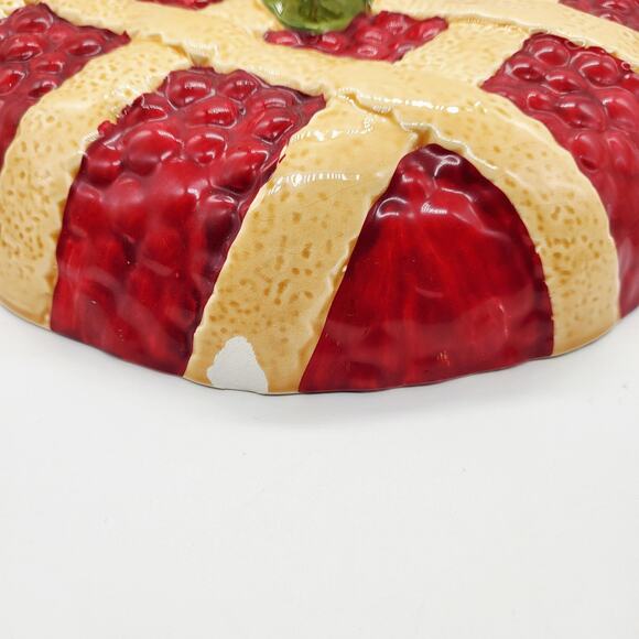 Vintage Tan & Red Decorative Ceramic Cherry Berry Pie Plate Lid Cover -LID ONLY- - Picture 5 of 9